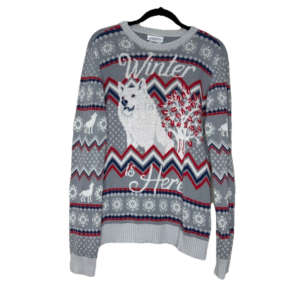 Game of Thrones Direwolf Fair Isle Christmas Sweater XL Gray Red Blue TV Novelty